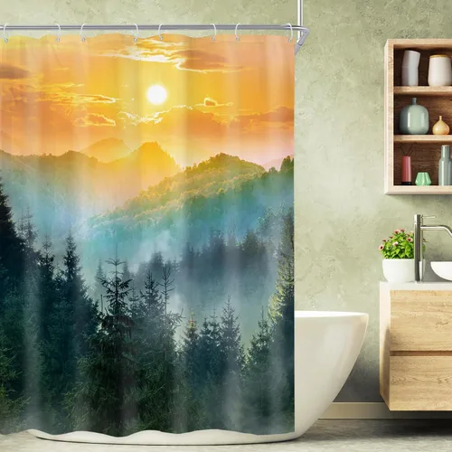 Vista 16 de Riyidecor - Cortina para ducha pequeña de montaña, 36 pulgadas de ancho x 72 pulgadas de alto, para RV, azul marino, con diseño de bosque nebuloso