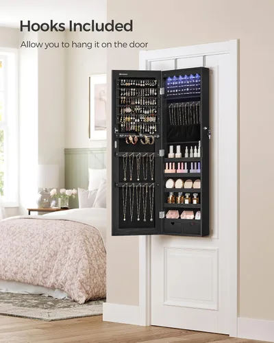 Vista 7 de SONGMICS Gabinete colgante de joyería, gabinete montado en la pared con luces interiores LED, organizador de joyas montado en la puerta, espejo