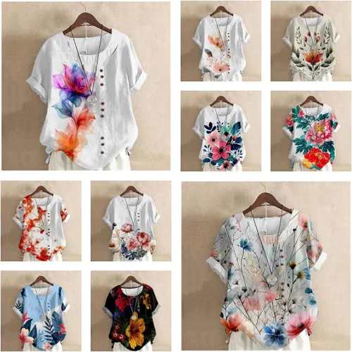 Vista 4 de domirica Camisetas de verano para mujer 2024 con estampado de flores, algodón, lino, manga corta, cuello redondo, camisas casuales de moda