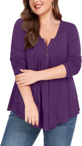 Vista 4 de Camiseta básica para mujer, talla grande, cuello Henley, con botones, ajuste holgado, estilo casual