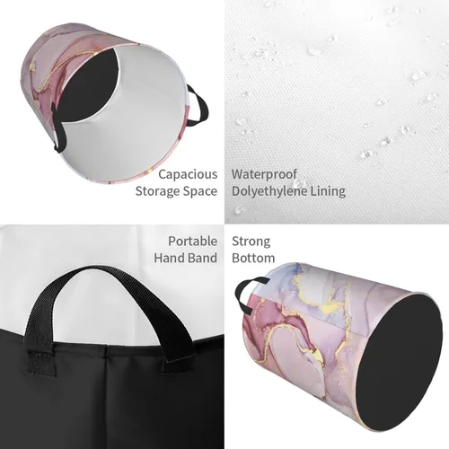 Vista 4 de Papelera de almacenamiento circular Protable con estampado de mármol púrpura y dorado, cesta para ropa sucia con asas ropa de dormitorio