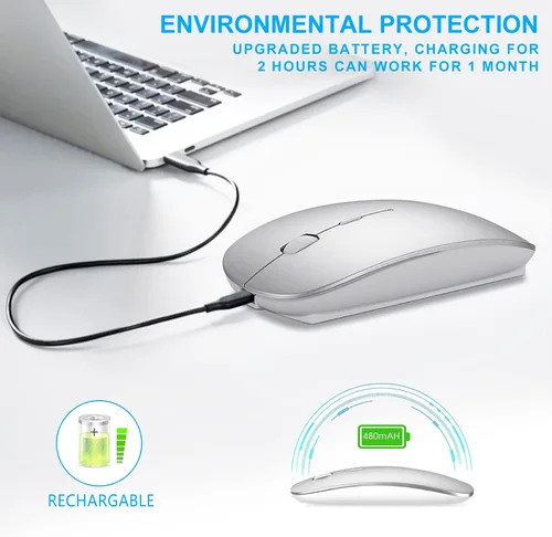 Vista 5 de AE WISH ANEWISH Ratón inalámbrico de modo dual (Bluetooth 4.0+USB), ratones silenciosos recargables con receptor USB, mouse Bluetooth delgado