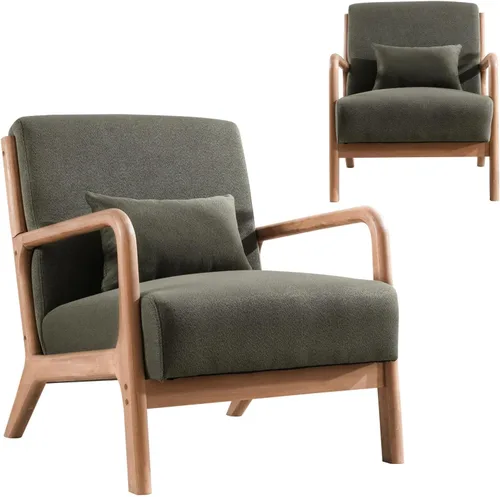 Vista 11 de INZOY Silla con acento moderno de mediados de siglo con marco de madera, sillas tapizadas para sala de estar con cojín lumbar, silla de lectura