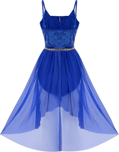 Vista 3 de ODASDO Vestido de baile con lentejuelas brillantes para mujer, con tirantes delgados, malla alta y baja, de tul lírica, moderno, contemporáneo