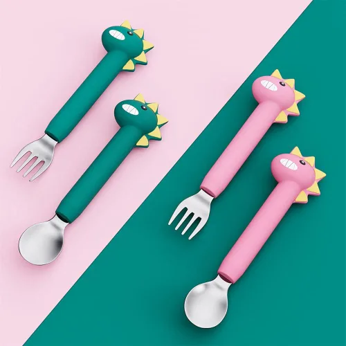 Vista 8 de Juego de tenedores y cucharas para bebé, utensilios de entrenamiento para bebés, cubiertos de silicona y acero inoxidable para niños y niños