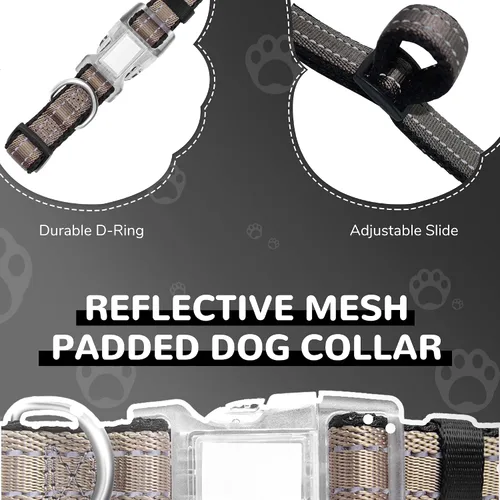 Vista 4 de Collar reflectante para perros grandes, collar de malla acolchado para perros grandes, collar ajustable para mascotas con hebilla de liberación Gris