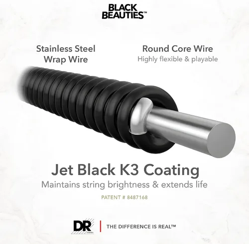 Vista 2 de DR Strings Beauties-Black Coated Steel 6 Cuerdas de guitarra bajo, calibre 30-125, núcleo redondo (BKB6-30)