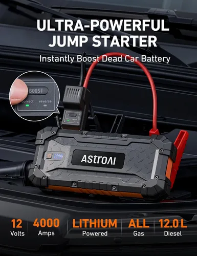 Vista 3 de AstroAI S8 Ultra 12V 4000A Lithium Jump Starter Up to All Gas/12L Diesel Naranja
