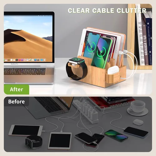 Vista 4 de Pezin & Hulin Estación de carga de bambú para múltiples dispositivos con cargador USB de 5 puertos, 5 cables, soporte para reloj y auriculares