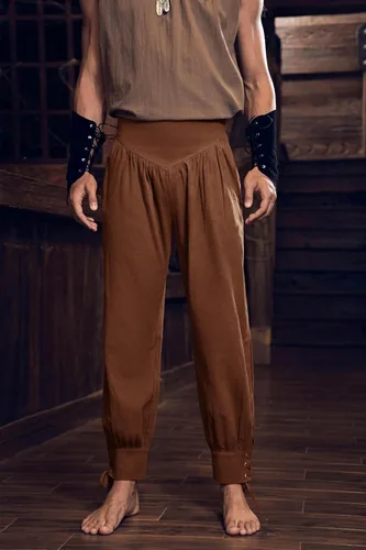 Vista 2 de Pantalones de tobillo de pirata medieval para hombre, disfraz vikingo renacentista con cordones, pantalones de navegador con bandas cónicas