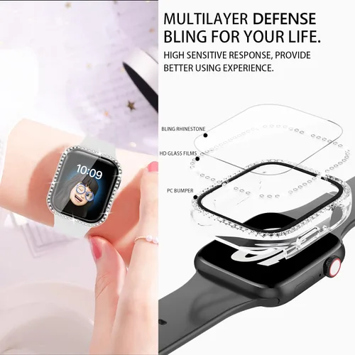 Vista 2 de 4 Pack Fundas Brillantes para Apple Watch SE 3/SE 2/SE/6/5/4 44mm, Funda Protectora de Diamantes y Brillantes con Protector de Pantalla de Vidrio