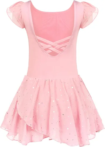 Vista 22 de Arshiner - Vestido de baile de ballet con mangas con volantes, leotardo de tutú con ruedo para niñas Lila