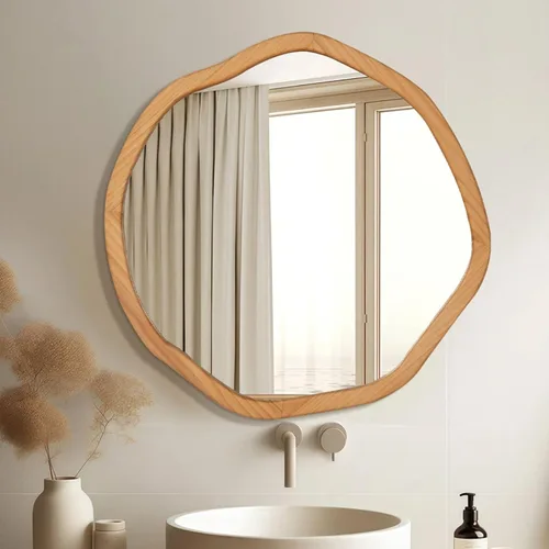 Vista 10 de ULIKE Espejo redondo de madera, espejo de pared circular irregular de 24 pulgadas con marco de madera, soporte de pared decorativo rústico