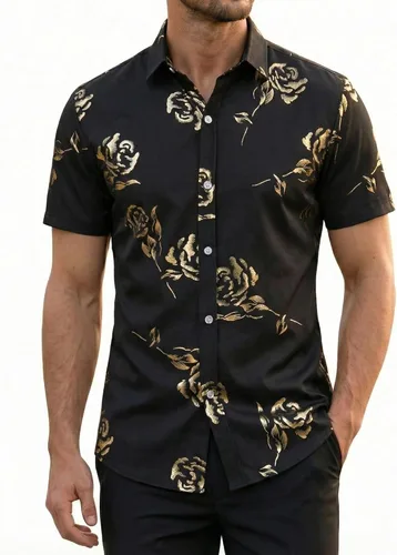 Vista 12 de ZEROYAA - Camisas de vestir de manga corta con estampado de rosa dorada para hombre, estilo hipster, calce ajustado, con botones