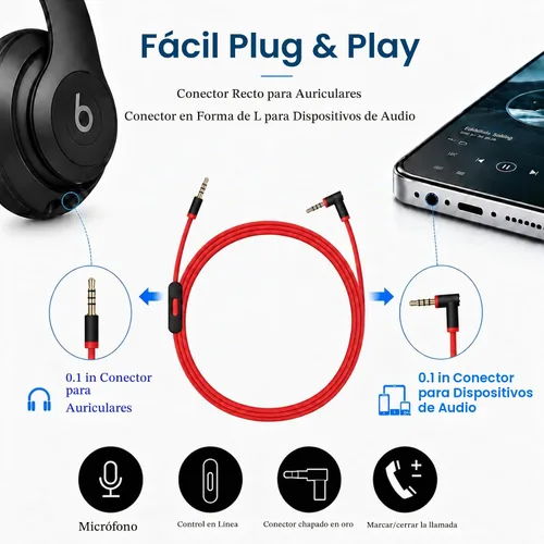Vista 4 de Cable de audio de repuesto para Beats Studio, Solo, Pro, Detox, Mixr Negro rojo