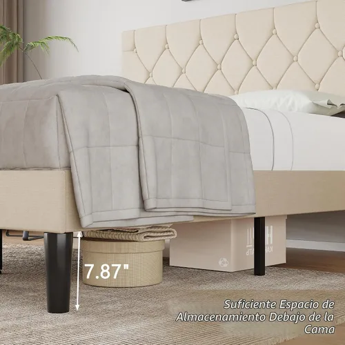 Vista 6 de VECELO Base de cama tamaño completo con cabecera capitoné con botones, plataforma tapizada con soporte de listones de madera, no necesita somier