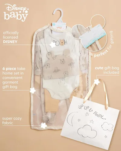 Vista 2 de Disney Juego de capas para niñas recién nacidas, 7 piezas, Winnie the Pooh, enteros, pantalones deportivos, sombrero con peto y bolsa de regalo