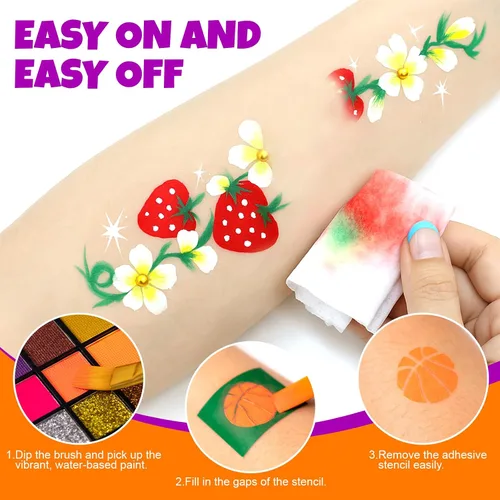 Vista 5 de Kit de pintura facial de 54 colores para niños, kit de maquillaje de pintura facial no tóxica con plantilla, libro guía, kit de maquillaje