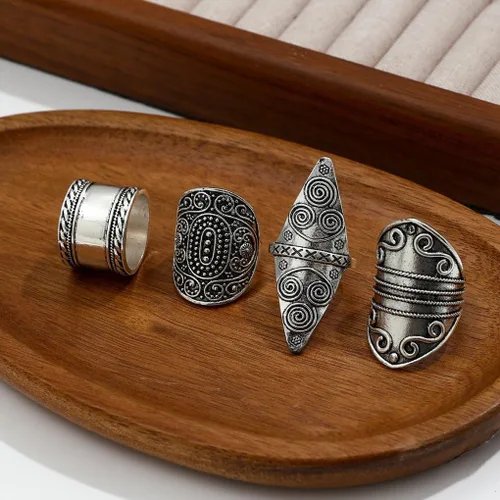 Vista 5 de Anillos bohemios gruesos del oeste para mujeres y hombres, anillos grandes apilables vintage, anillos grandes para nudillos, plateado, turquesa