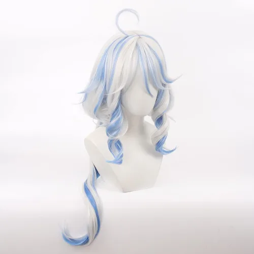 Vista 3 de Peluca de Focalors para cosplay, anime Genshin Impact, larga, rizada, blanco y azul, peluca de repuesto para mujeres y niñas, para fiestas