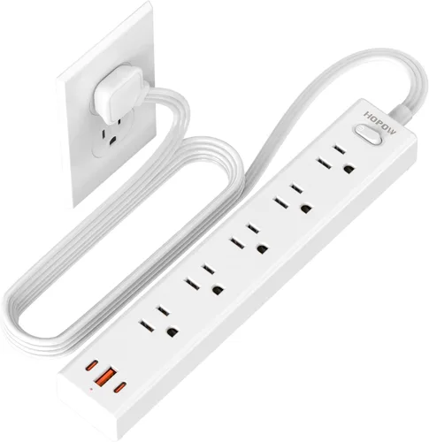Vista 8 de HOPOW Regleta de alimentación de enchufe plano, cable de extensión ultrafino de 3 pies, protector de sobretensiones con 5 salidas y 3 puertos USB