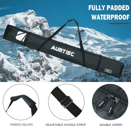 Vista 3 de AUMTISC Bolsa de esquí totalmente acolchada, bolsas de esquí individuales para viajes aéreos, bolsa de esquí de nieve impermeable para volar con asa