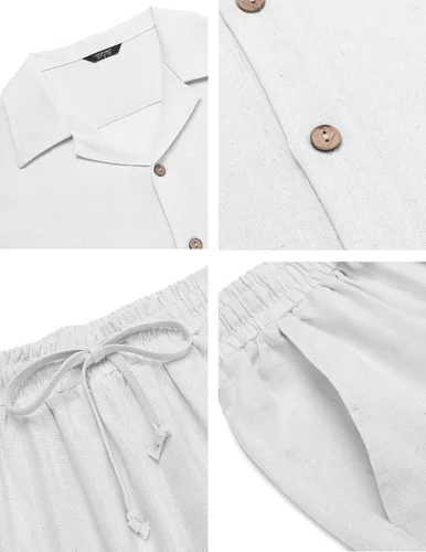Vista 4 de COOFANDY Conjunto de ropa de lino de 2 piezas para hombre camisa con botones y pantalones sueltos