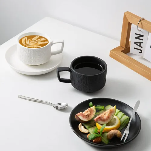 Vista 7 de Rock Texture - Juego de té de café de cerámica en relieve, espresso capuchino, taza y platillo de cerámica novedosa para amigos, mujeres, hombres
