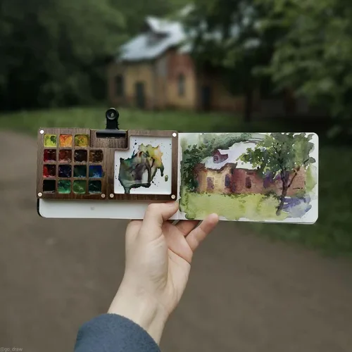 Vista 4 de Pequeña paleta de acuarela portátil de madera con tapa, mini paleta de acuarela, paleta de acuarela vacía para acuarela, gouache, pintura acrílica