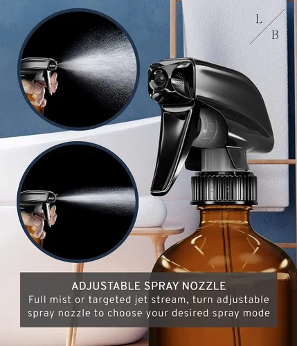Vista 4 de LiBa Paquete de 2 botellas de vidrio ámbar, botella de spray vacía recargable de 16 onzas para limpieza, aceites esenciales, cabello, plantas