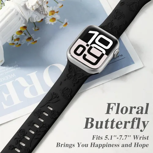 Vista 3 de Melyis Correa deportiva de silicona suave grabada con diseño floral y mariposa compatible con Apple Watch de 1.575 pulgadas, 1.614 pulgadas, 1.496