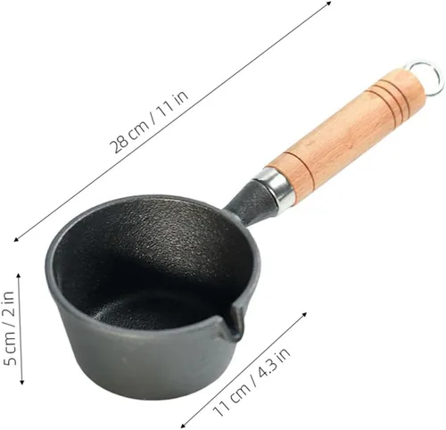 Vista 2 de Sartén de hierro fundido calentador de mantequilla, mini sartén de huevo, salsa de sopa de hierro, olla de fusión con mango de madera para cocinar