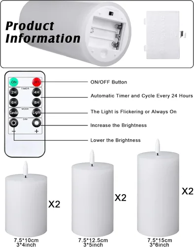 Vista 2 de Leelosp Paquete de 6 velas sin llama con temporizador remoto, velas parpadeantes sin llama a granel a granel LED para bodas, festivales, decoración