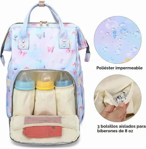 Vista 2 de Mochila para pañales de bebé con diseño de mariposa para niñas y niños, impermeable, grande, para mamá