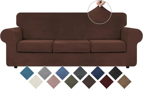 Vista 11 de WEERRW 4 Piezas Fundas de Terciopelo de Alta Elasticidad para Sofá de 3 Cojines Fundas de Sofá, Protector de Muebles Lavable con Parte Inferior