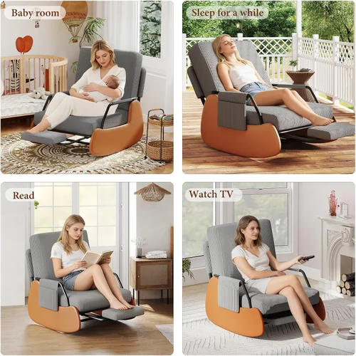 Vista 6 de Moderna mecedora deslizante, silla tapizada para cuarto de bebé, con reposapiés reclinable ajustable y retráctil, cómoda silla de descanso para Gris