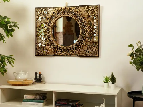 Vista 2 de BHDecor Espejo para decoración de pared para el hogar, marco tallado con corte láser, elegante mandala de madera para colgar, paneles de MDF