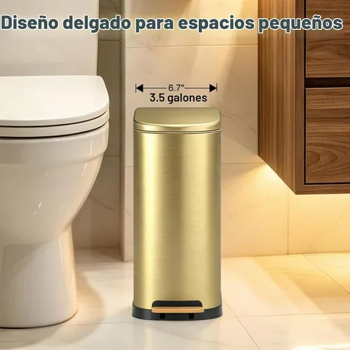 Vista 3 de SYNCVIBE Cubo de basura delgado para baño con tapa de cierre suave, de acero inoxidable, con cubo interior extraíble para dormitorio, oficina Dorado