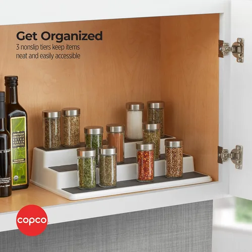 Vista 4 de Copco Organizador de especias antideslizante de 3 niveles para armario de cocina o despensa, estante escalonado de 15 pulgadas, blanco/gris, diseño