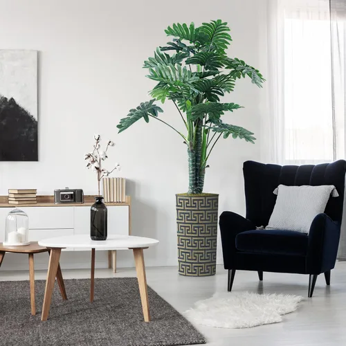 Vista 8 de Árbol artificial en macetero con patrón geométrico moderno, palmera tropical areca artificial de seda para decoración del hogar en interiores
