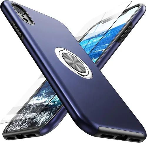 Vista 12 de Funda compatible con iPhone XR con protector de pantalla de vidrio templado para hombres, funda protectora ligera 2 en 1 con soporte de anillo
