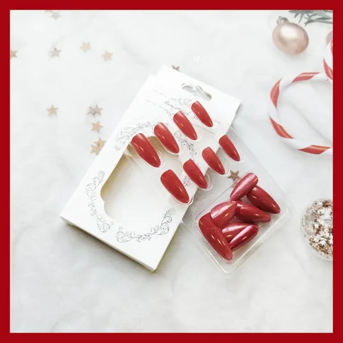 Vista 5 de Uñas postizas rojas de tamaño mediano en forma de almendra, uñas acrílicas brillantes con diseño de purpurina, uñas artificiales de cobertura a001