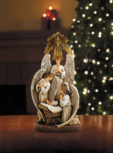 Vista 2 de Avalon Gallery Angels in Adoration Over Baby Jesus - Figura de resina de 13 pulgadas, ángeles en adoración