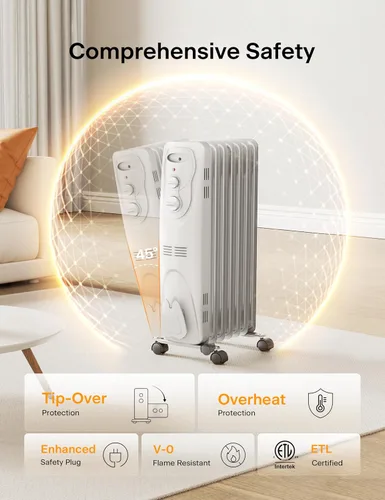 Vista 13 de PELONIS Calentador de radiador para grandes espacios, radiador eléctrico lleno de aceite, dos perillas, 1500 W, calentador de espacio silencioso, 3