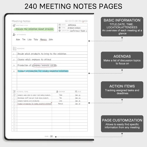 Vista 3 de EMSHOI Cuaderno de Reuniones para Trabajo con Pestañas Adhesivas - 240 Páginas, Planificador de Proyectos Tamaño A4, Organizador de Agenda/Actas