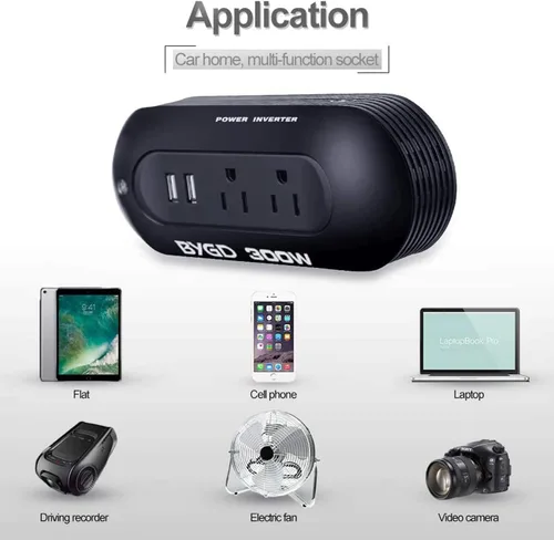 Vista 3 de Inversor de corriente para automóvil de 300 W, convertidor de CC de 12 V a 110 V CA, dos salidas de CA y puertos de carga rápida USB duales de 2.4