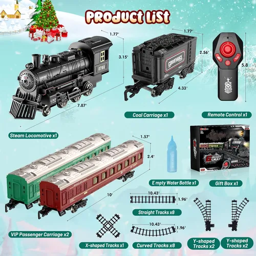 Vista 8 de Hot Bee Juego de Tren, Juguetes de Tren con Control Remoto y Pista de Lujo y Vagoneta Iluminada, Tren de Navidad de Metal para Árbol de Navidad