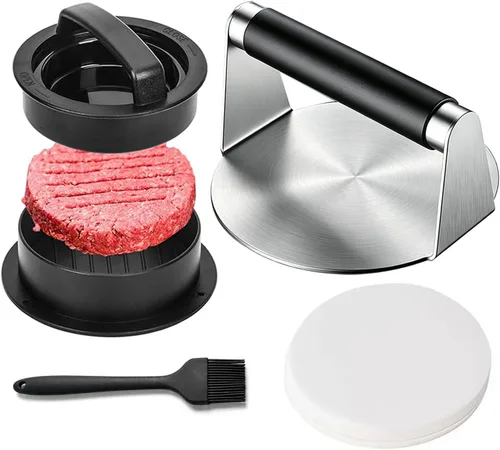 Vista 9 de Smash - Prensa de hamburguesa rectangular de acero inoxidable, molde de hamburguesa rellena, cepillos de salsa, 50 piezas de papel encerado 4 en 1