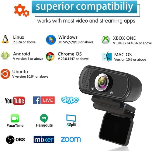 Vista 8 de Cámara web 1080P con micrófono, cámara web HD con soporte para trípode, corrección de luz automática, cubierta de privacidad, 110° FOV, cámara USB