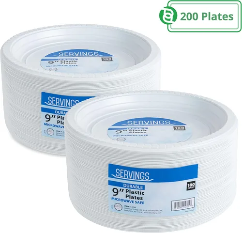 Vista 2 de Blue Sky Platos de plástico blanco de 9 pulgadas, 200 unidades, platos de plástico desechables, aptos para microondas, perfectos para fiestas
